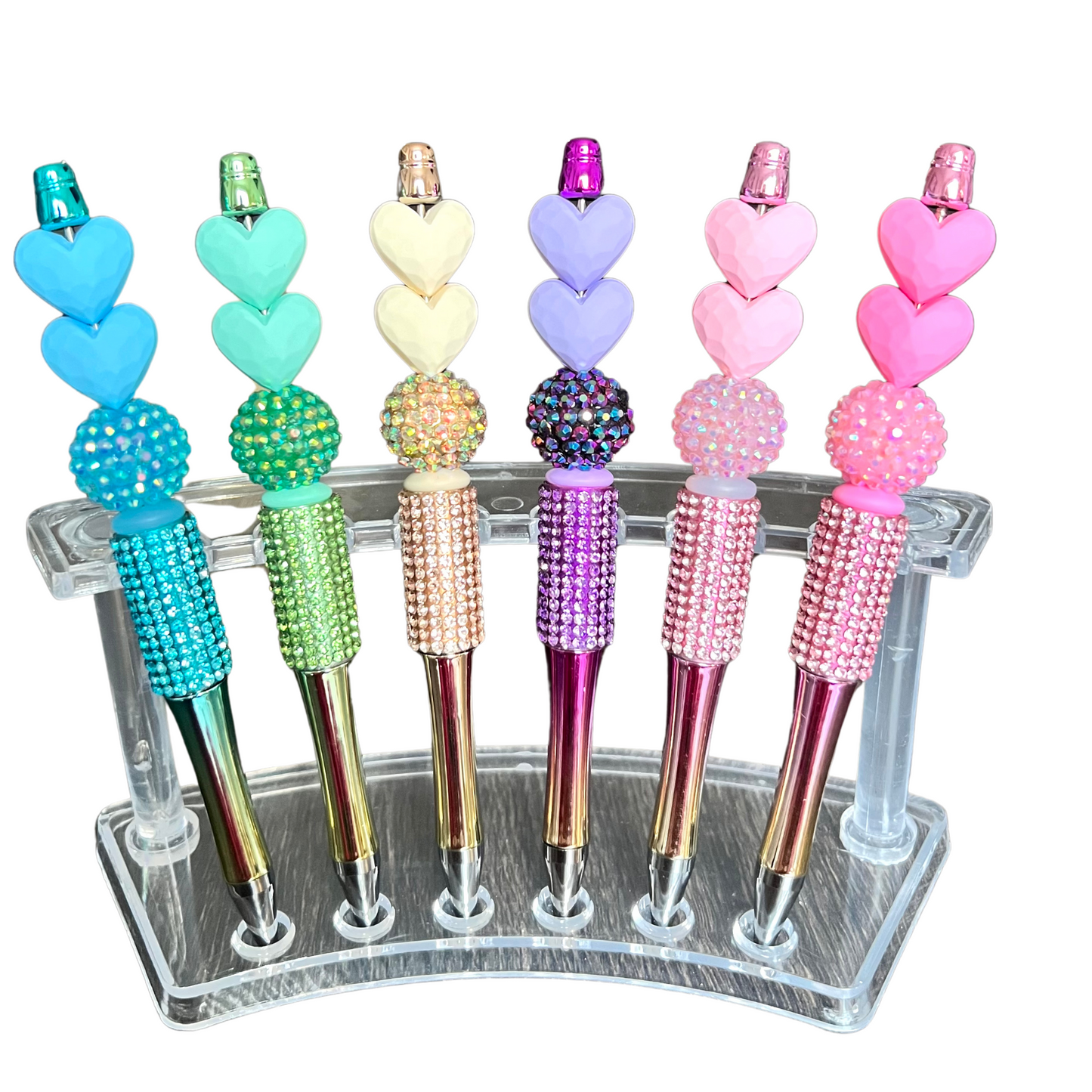 Rhinestone Beaded Silicone Focal Refillable Metallic Pens Hearts